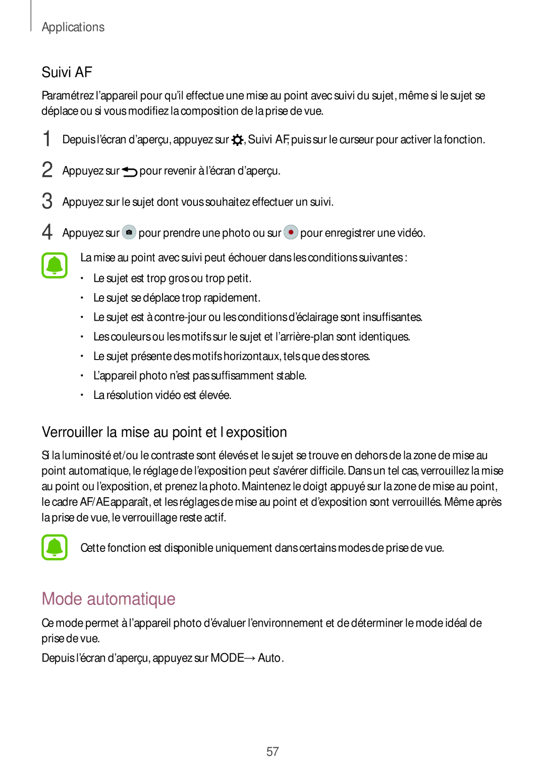 Samsung SM-G920FZKAXEF, SM-G920FZWAXEF manual Mode automatique, Suivi AF, Verrouiller la mise au point et l’exposition 