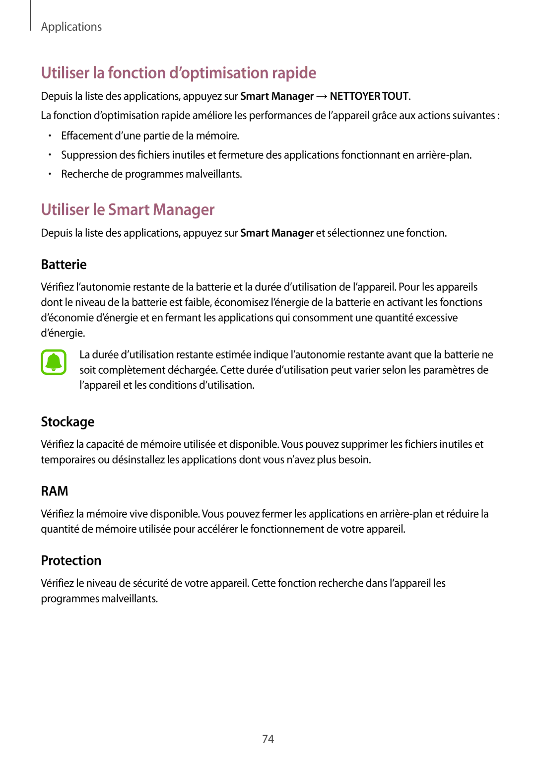 Samsung SM-G920FZBAXEF manual Utiliser la fonction d’optimisation rapide, Utiliser le Smart Manager, Batterie, Stockage 