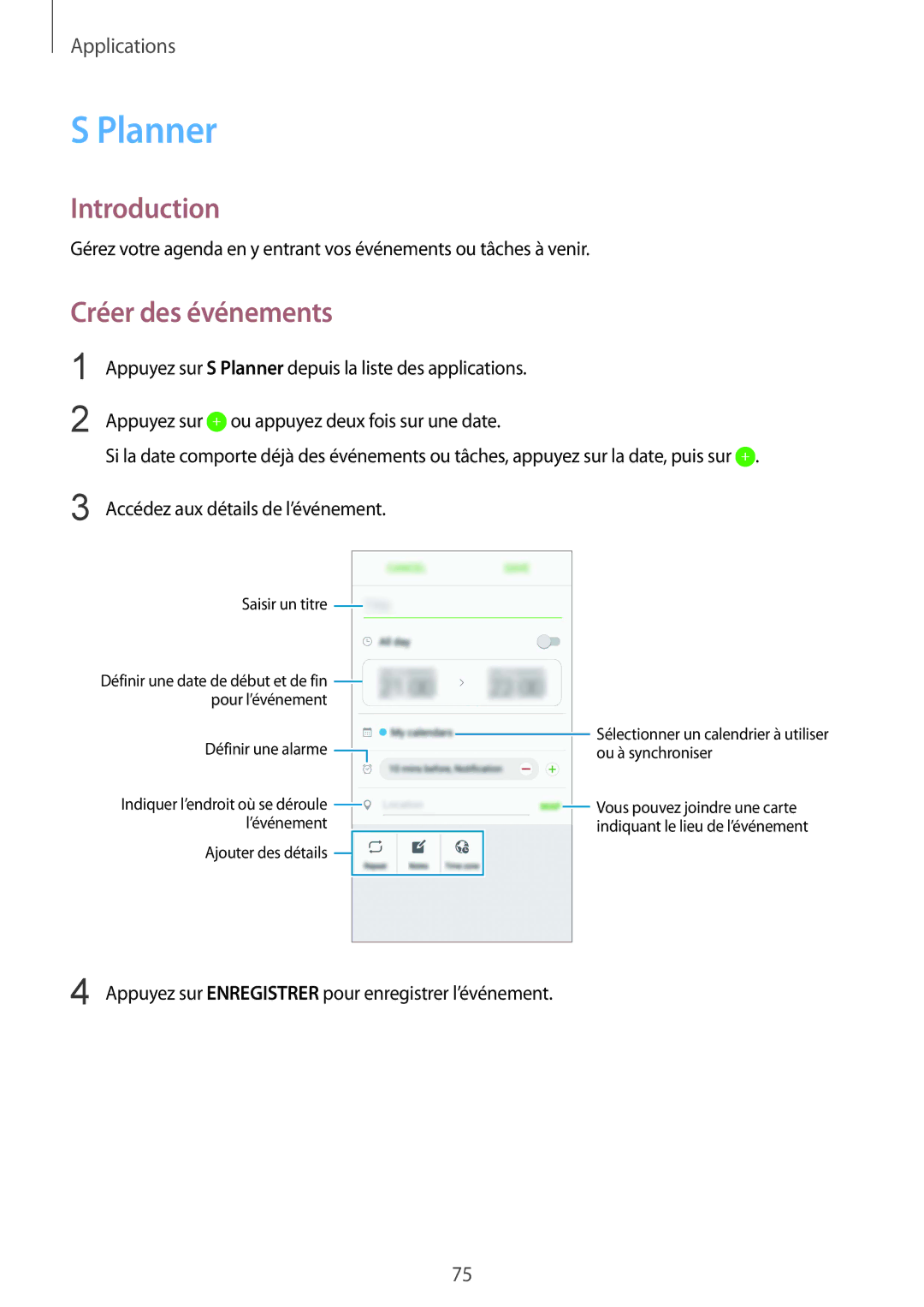 Samsung SM-G920FZDAXEF, SM-G920FZWAXEF, SM-G920FZKAXEF, SM-G920FZBAXEF manual Planner, Créer des événements 