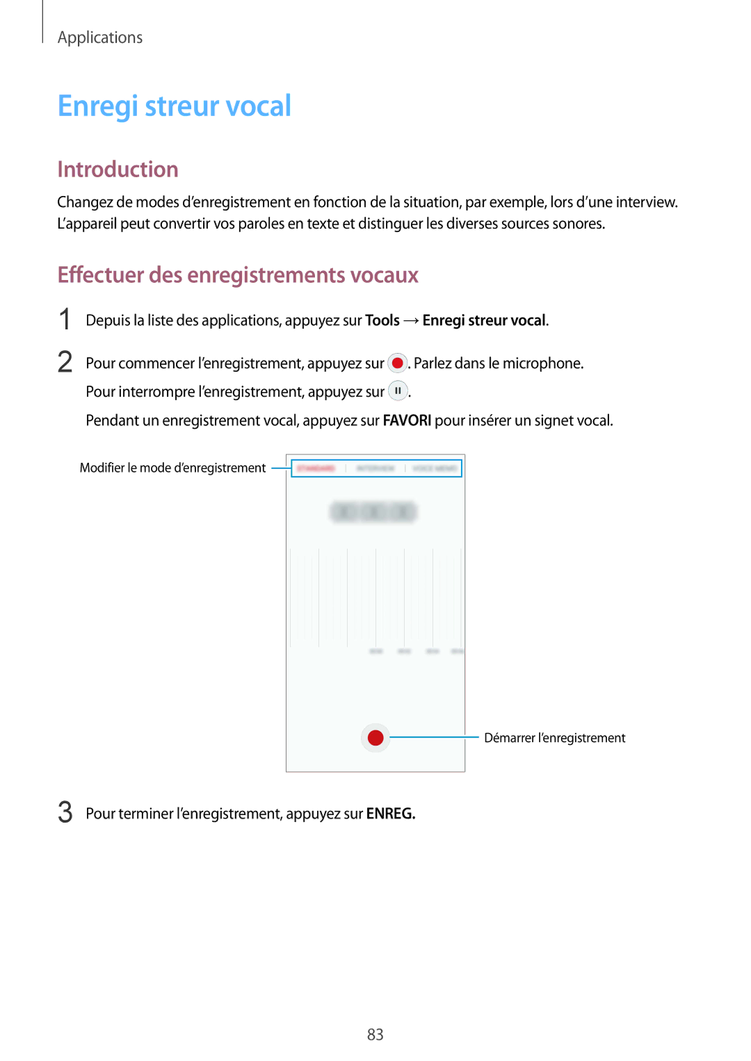 Samsung SM-G920FZDAXEF, SM-G920FZWAXEF, SM-G920FZKAXEF manual Enregi streur vocal, Effectuer des enregistrements vocaux 