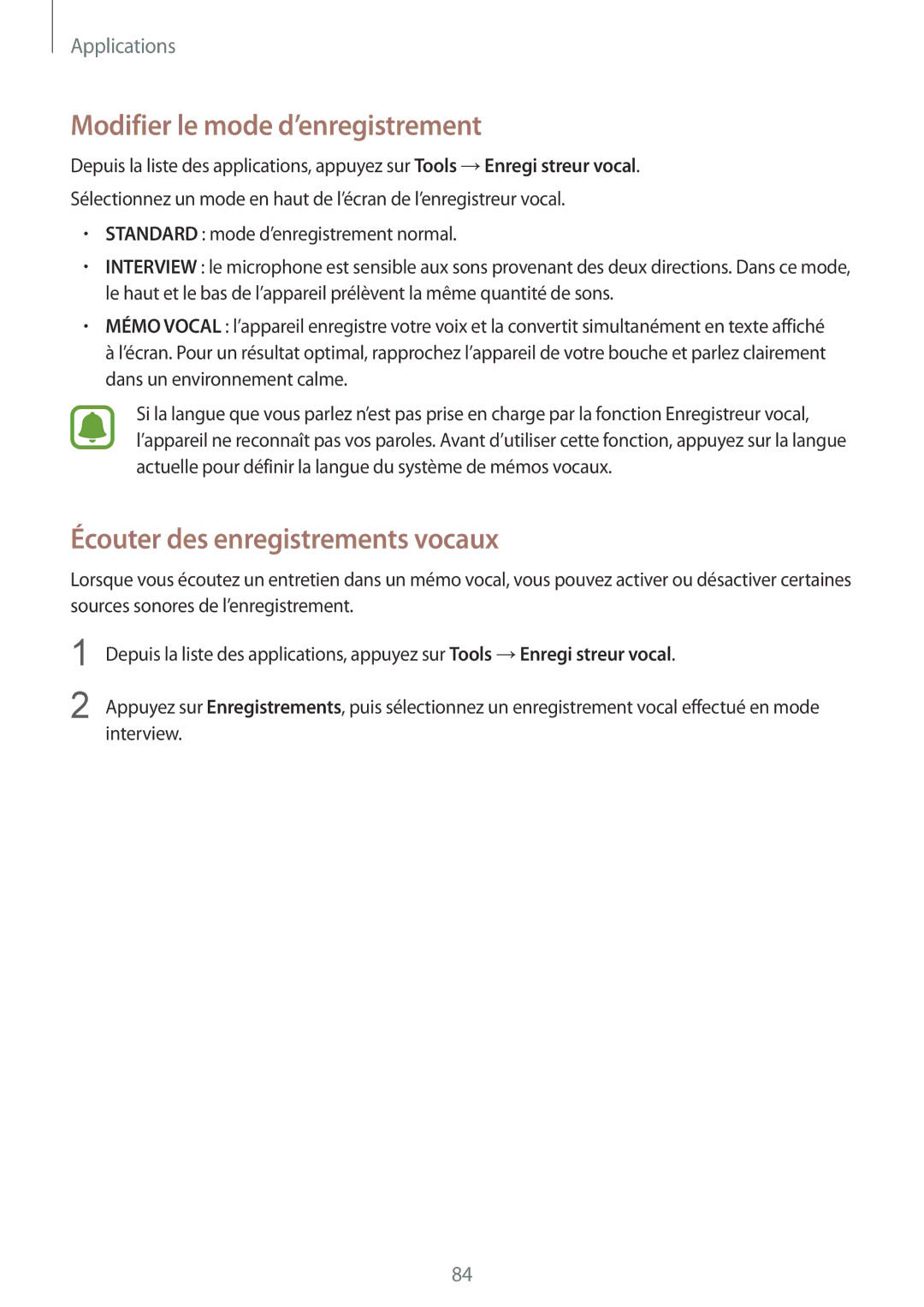 Samsung SM-G920FZWAXEF, SM-G920FZKAXEF manual Modifier le mode d’enregistrement, Écouter des enregistrements vocaux 