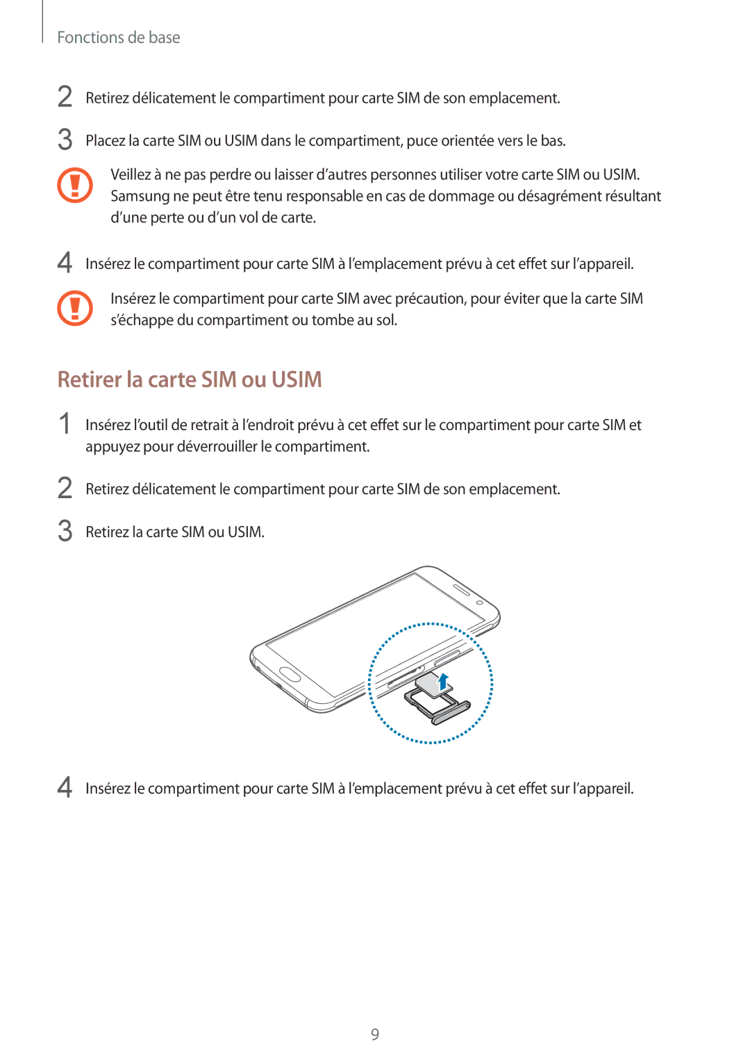 Samsung SM-G920FZKAXEF, SM-G920FZWAXEF, SM-G920FZBAXEF, SM-G920FZDAXEF manual Retirer la carte SIM ou Usim 
