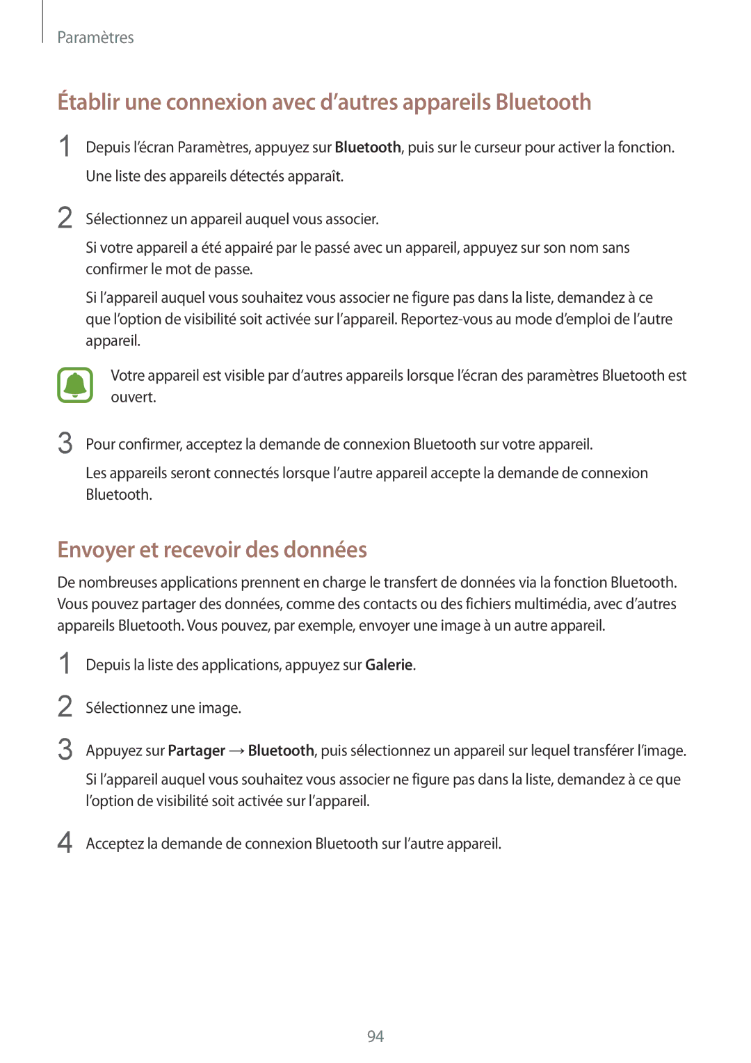 Samsung SM-G920FZBAXEF manual Établir une connexion avec d’autres appareils Bluetooth, Envoyer et recevoir des données 