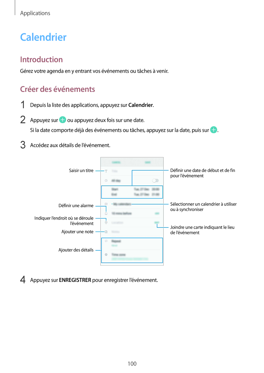 Samsung SM-G920FZWAXEF, SM-G920FZKAXEF, SM-G920FZBAXEF, SM-G920FZDAXEF manual Calendrier, Créer des événements 