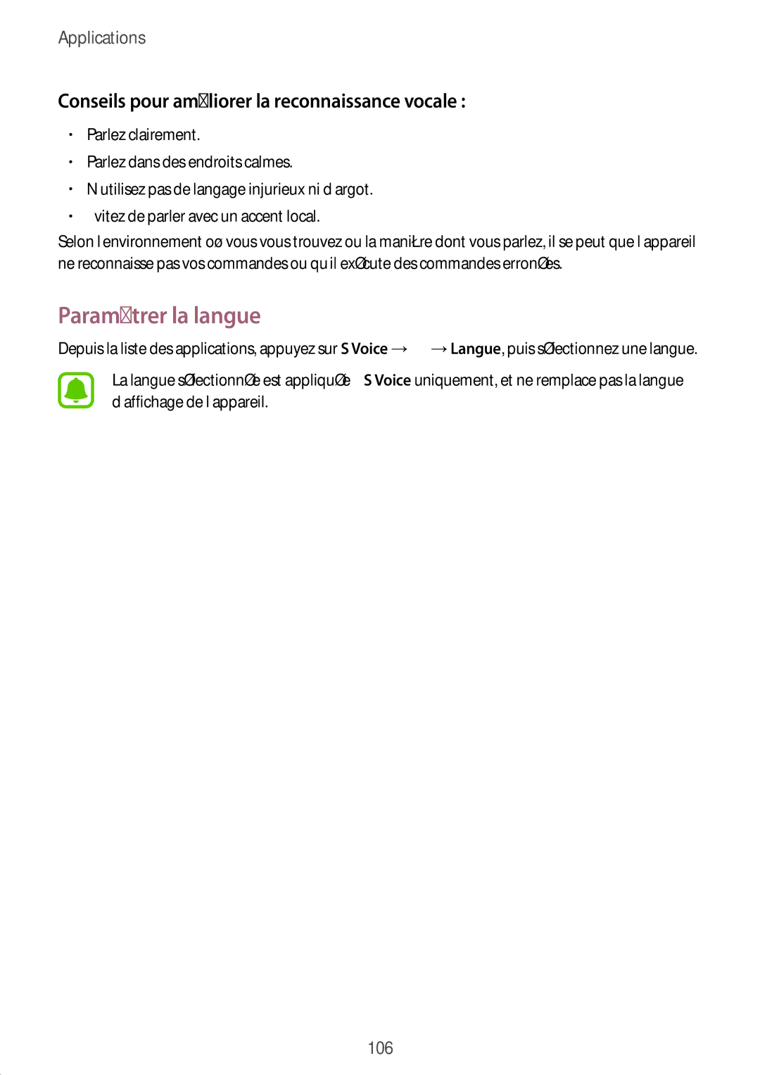 Samsung SM-G920FZBAXEF, SM-G920FZWAXEF manual Paramétrer la langue, Conseils pour améliorer la reconnaissance vocale 