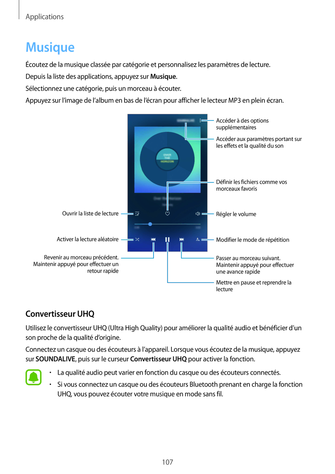 Samsung SM-G920FZDAXEF, SM-G920FZWAXEF, SM-G920FZKAXEF, SM-G920FZBAXEF manual Musique, Convertisseur UHQ 