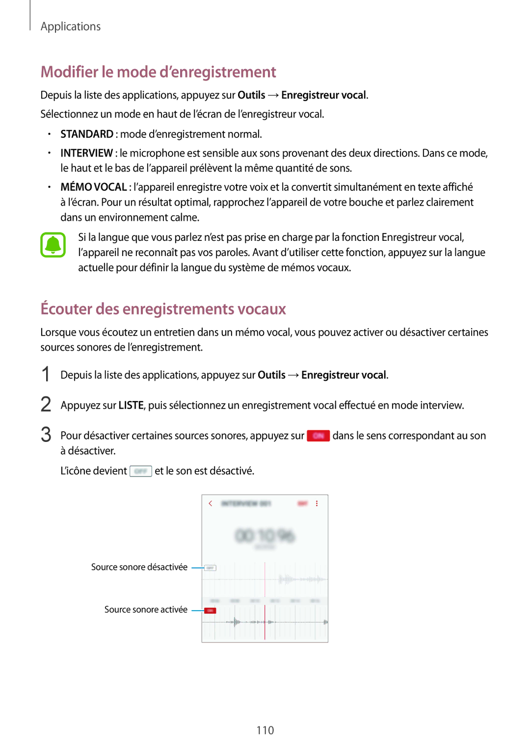 Samsung SM-G920FZBAXEF, SM-G920FZWAXEF manual Modifier le mode d’enregistrement, Écouter des enregistrements vocaux 