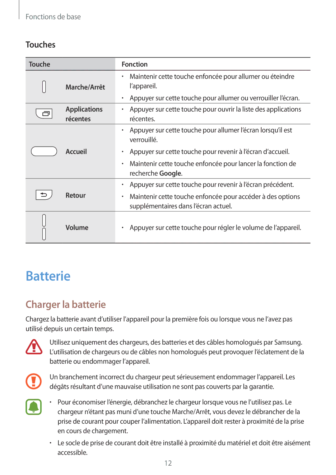 Samsung SM-G920FZWAXEF, SM-G920FZKAXEF, SM-G920FZBAXEF, SM-G920FZDAXEF manual Batterie, Charger la batterie, Touches 