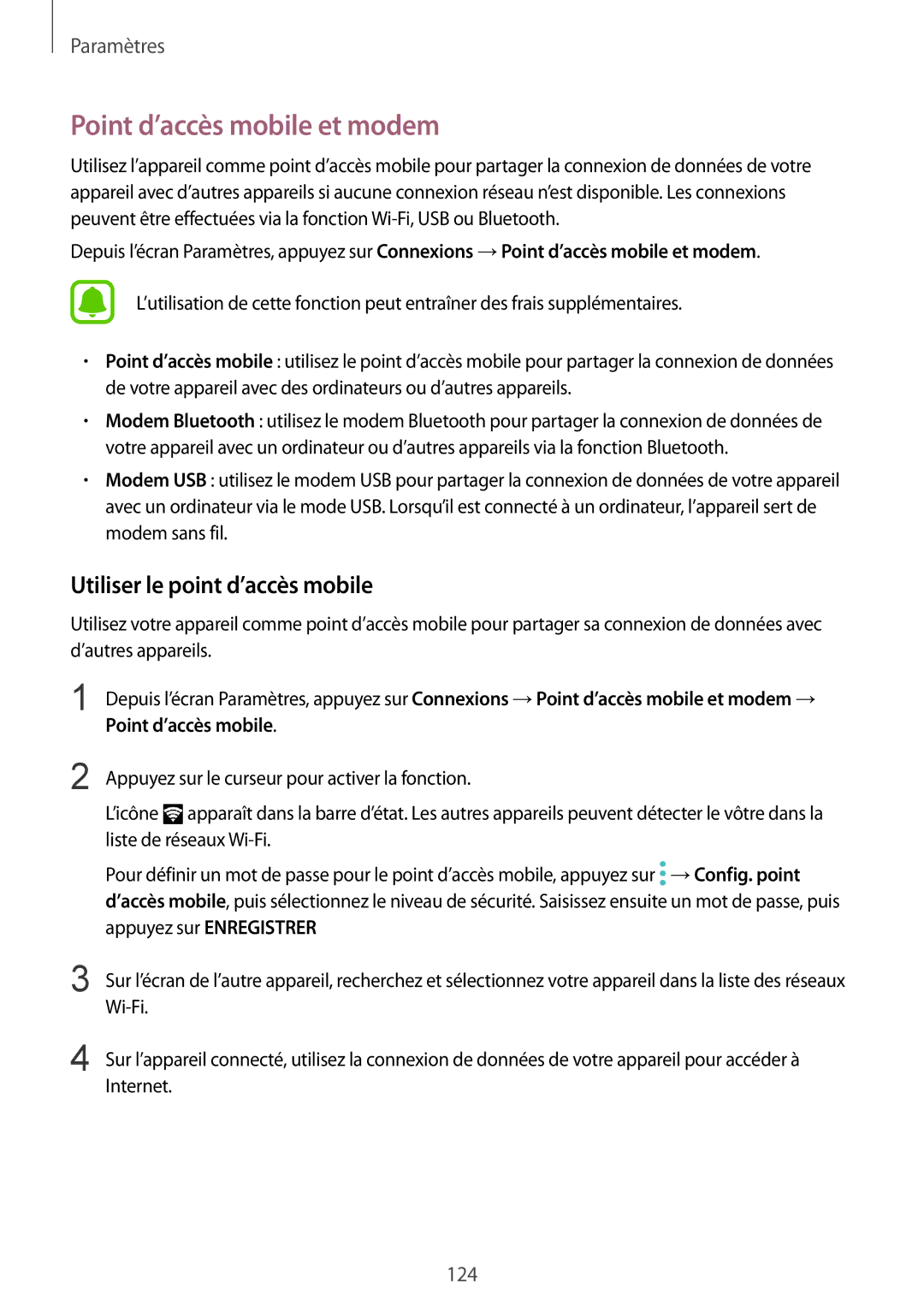 Samsung SM-G920FZWAXEF, SM-G920FZKAXEF, SM-G920FZBAXEF manual Point d’accès mobile et modem, Utiliser le point d’accès mobile 