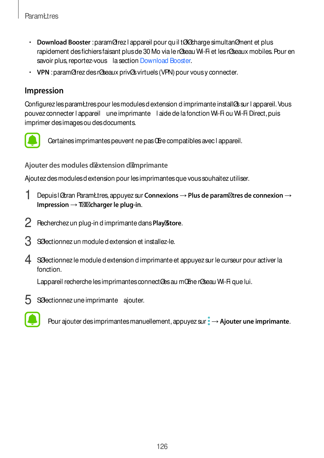 Samsung SM-G920FZBAXEF, SM-G920FZWAXEF, SM-G920FZKAXEF manual Impression, Ajouter des modules d’extension d’imprimante 