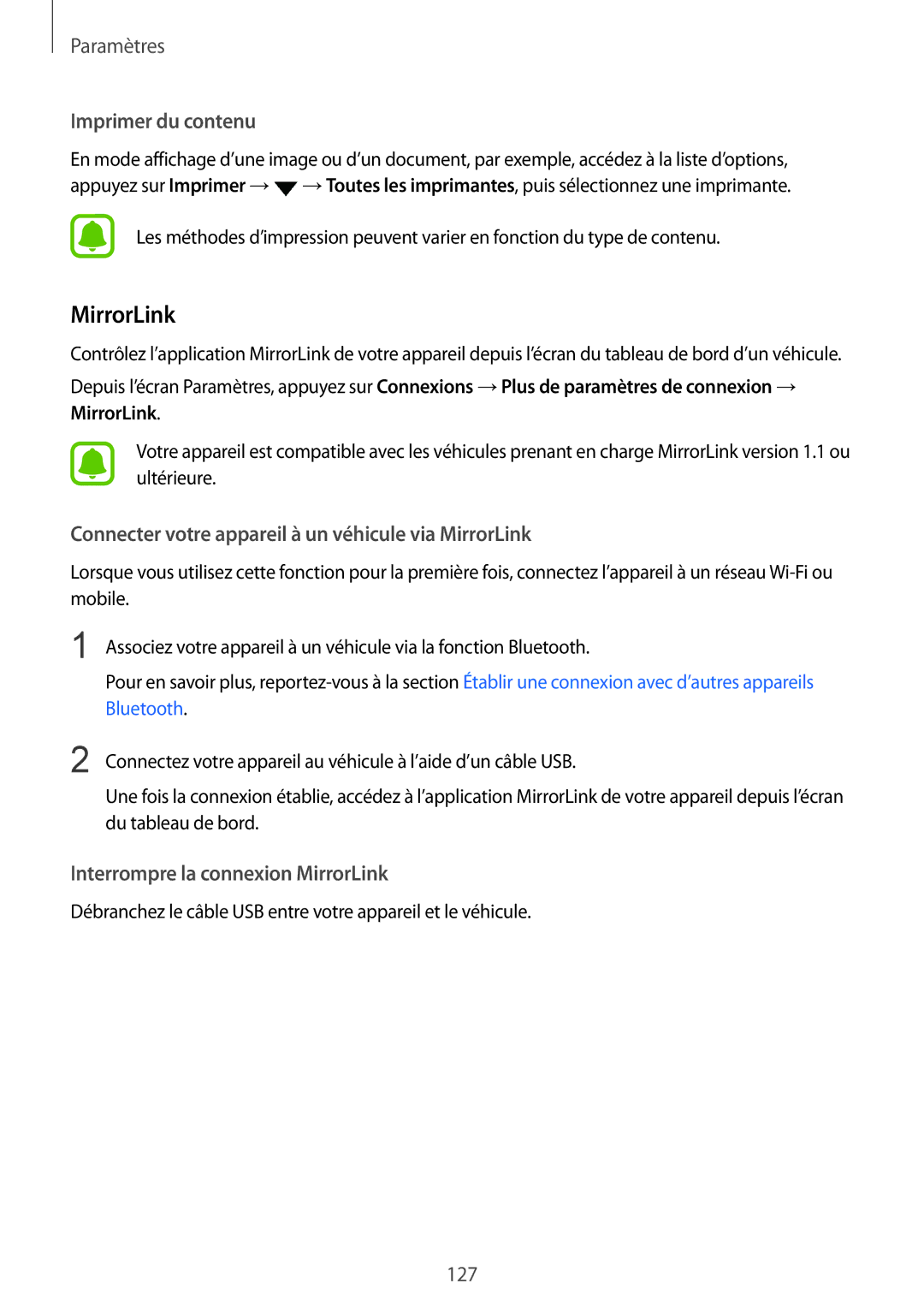 Samsung SM-G920FZDAXEF, SM-G920FZWAXEF manual Imprimer du contenu, Connecter votre appareil à un véhicule via MirrorLink 