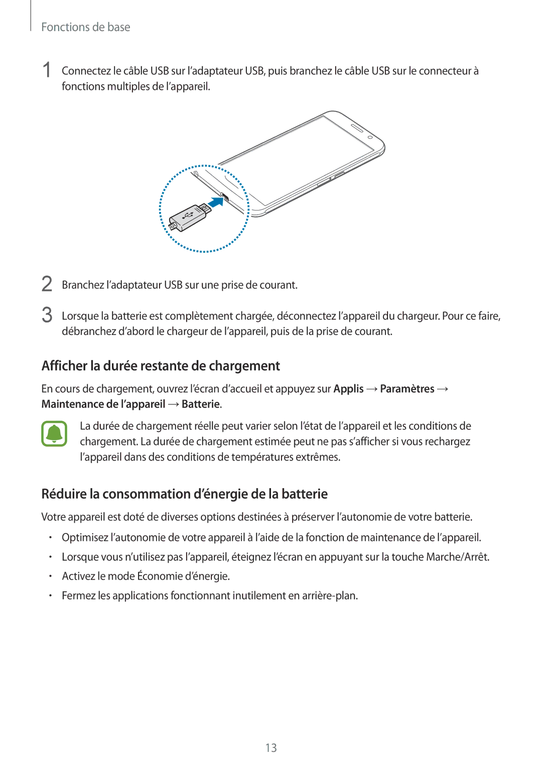 Samsung SM-G920FZKAXEF manual Afficher la durée restante de chargement, Réduire la consommation d’énergie de la batterie 