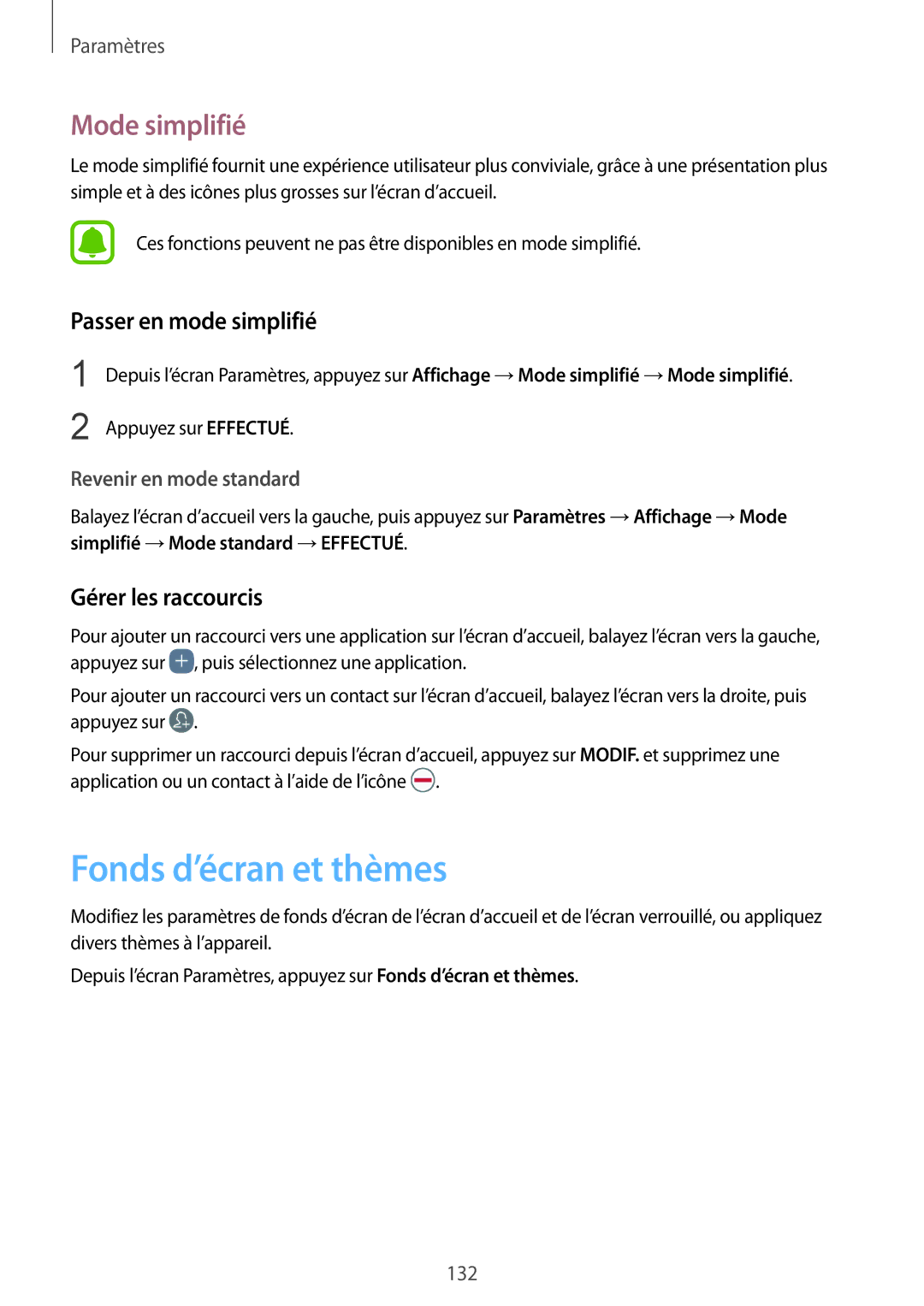 Samsung SM-G920FZWAXEF manual Fonds d’écran et thèmes, Mode simplifié, Passer en mode simplifié, Gérer les raccourcis 