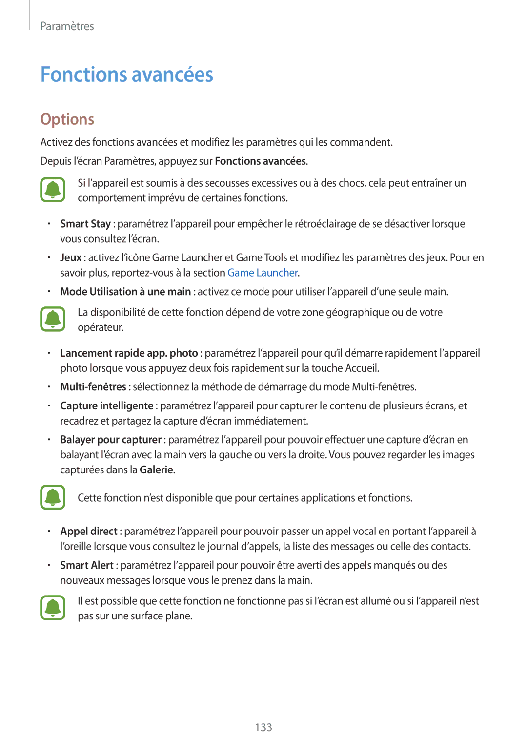 Samsung SM-G920FZKAXEF, SM-G920FZWAXEF, SM-G920FZBAXEF, SM-G920FZDAXEF manual Fonctions avancées, Options 