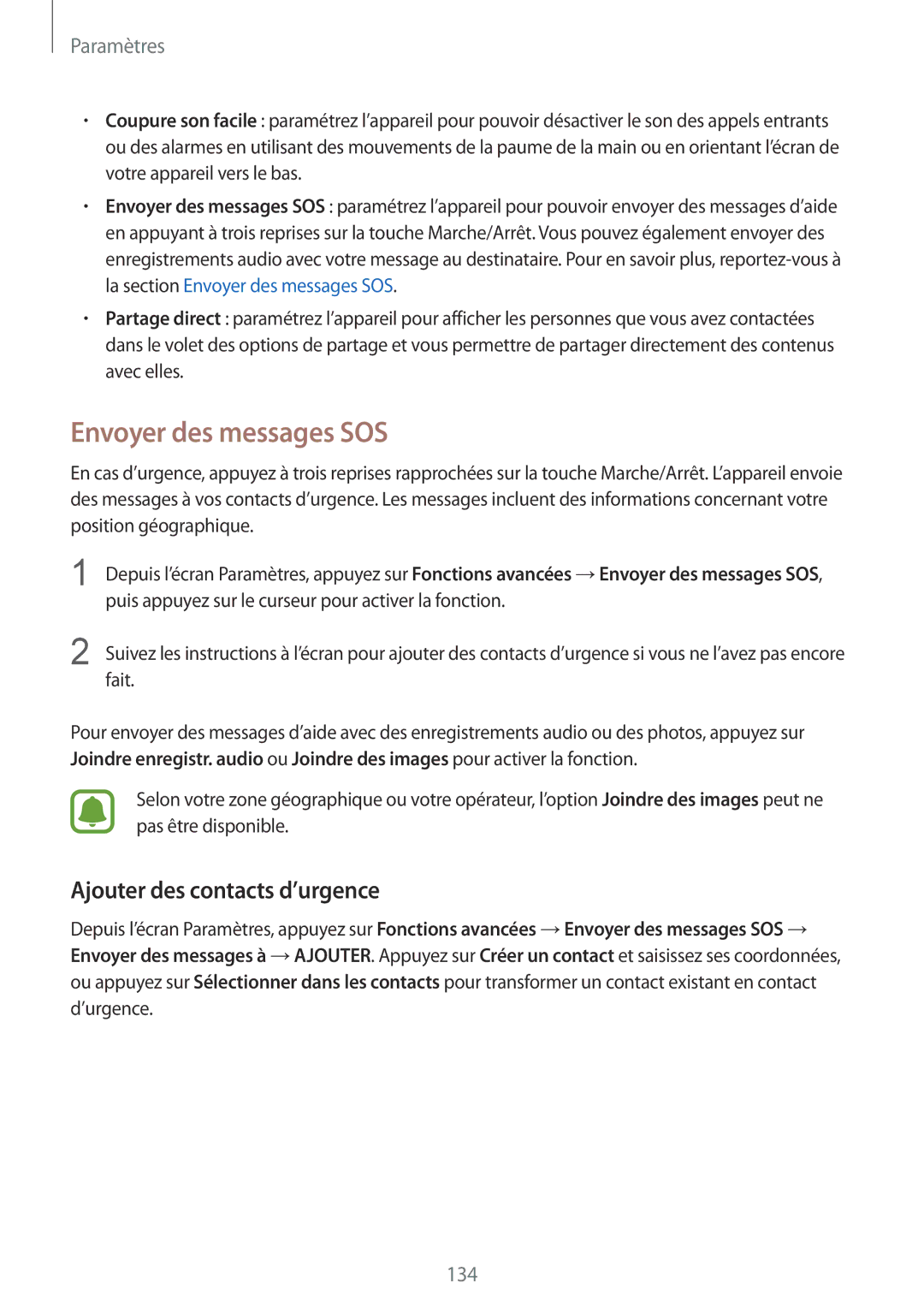 Samsung SM-G920FZBAXEF, SM-G920FZWAXEF, SM-G920FZKAXEF manual Envoyer des messages SOS, Ajouter des contacts d’urgence 