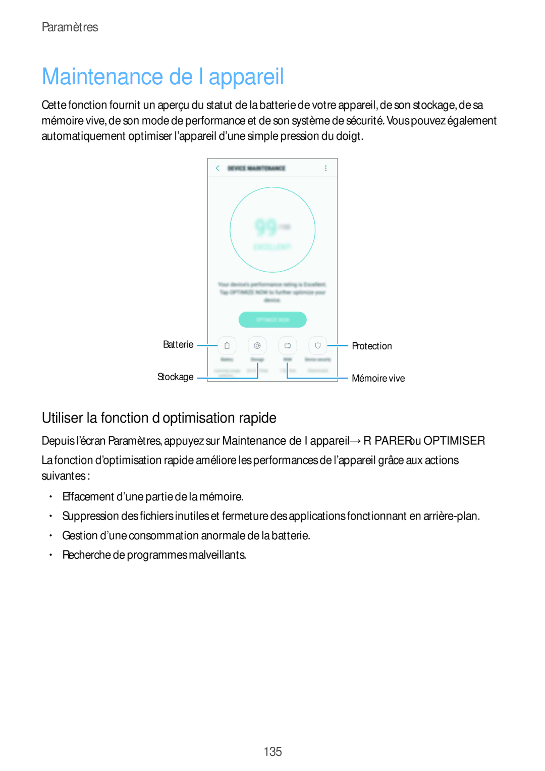 Samsung SM-G920FZDAXEF, SM-G920FZWAXEF manual Maintenance de l’appareil, Utiliser la fonction d’optimisation rapide 