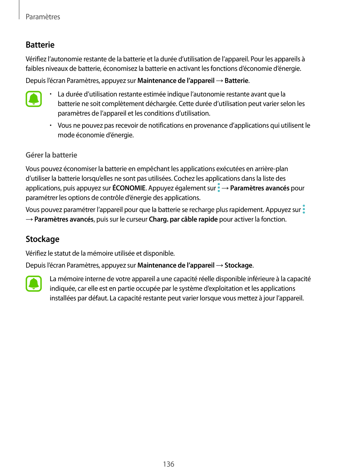 Samsung SM-G920FZWAXEF, SM-G920FZKAXEF, SM-G920FZBAXEF, SM-G920FZDAXEF manual Batterie, Stockage, Gérer la batterie 