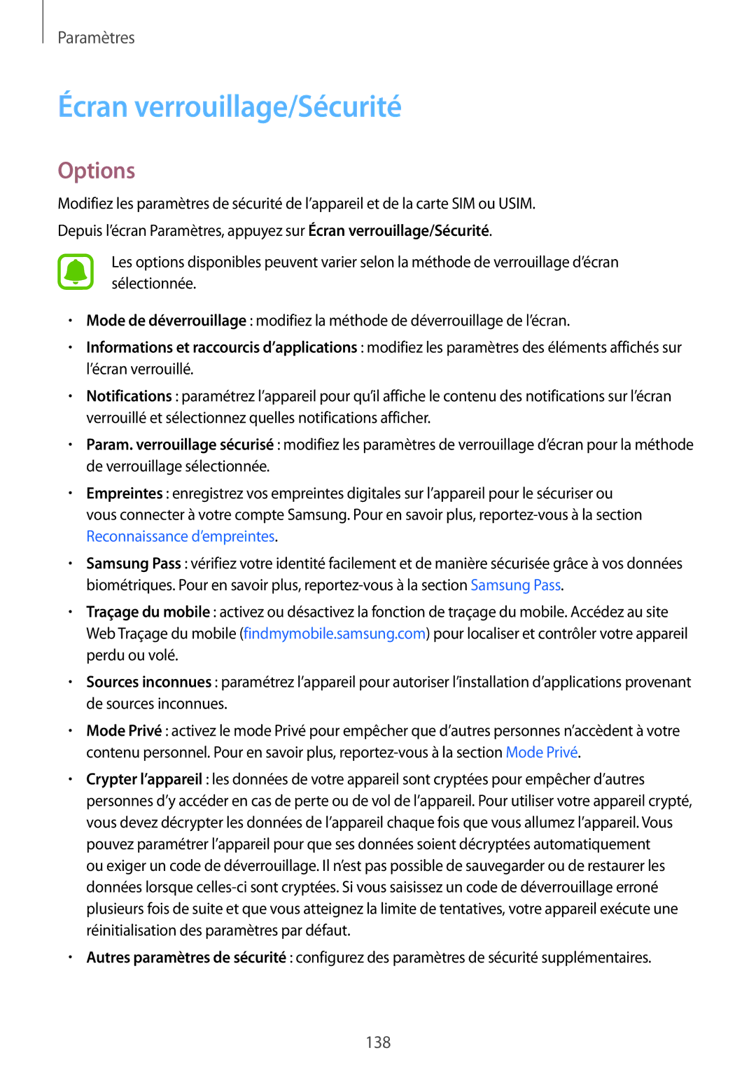 Samsung SM-G920FZBAXEF, SM-G920FZWAXEF, SM-G920FZKAXEF, SM-G920FZDAXEF manual Écran verrouillage/Sécurité, Options 