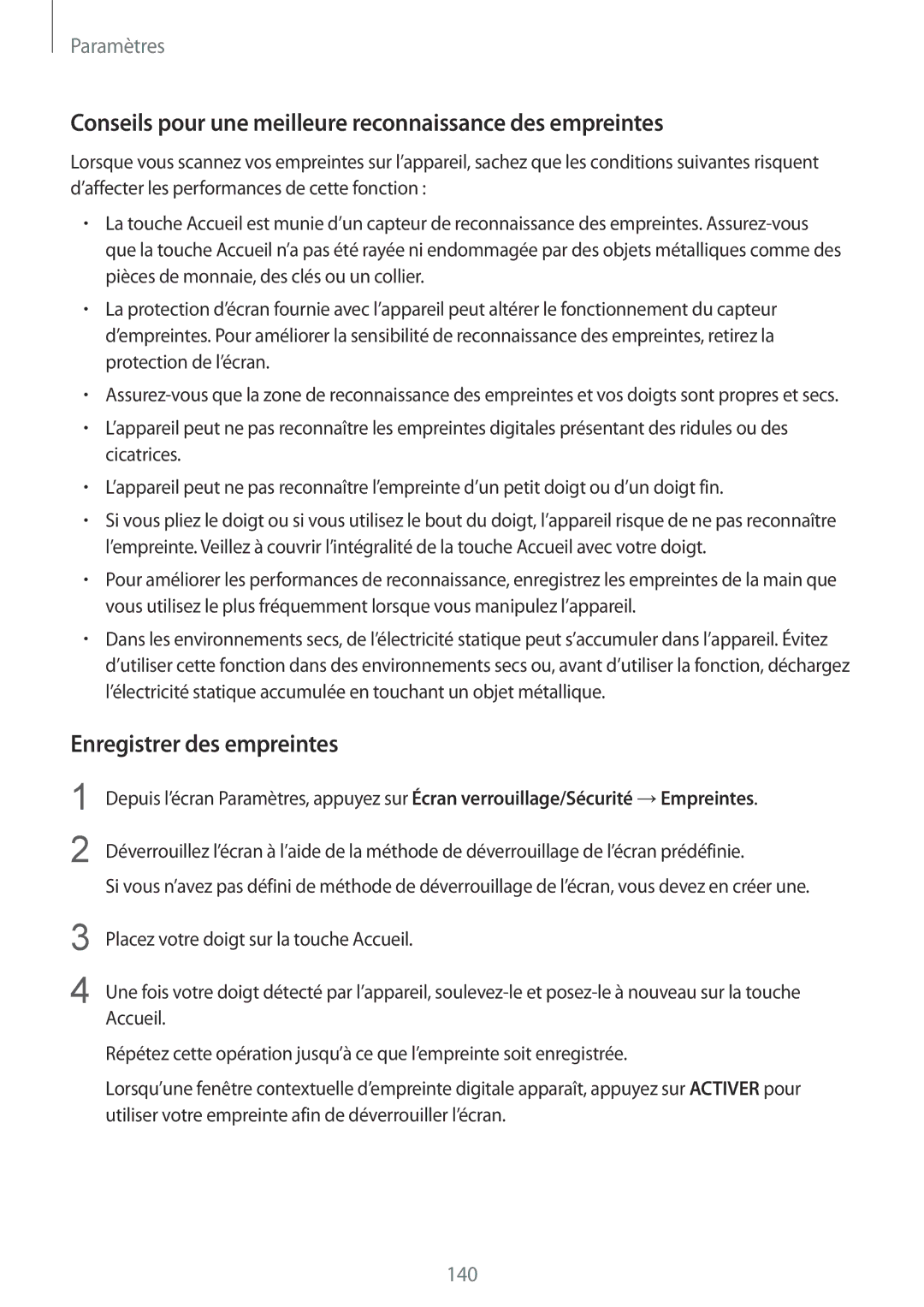 Samsung SM-G920FZWAXEF manual Conseils pour une meilleure reconnaissance des empreintes, Enregistrer des empreintes 