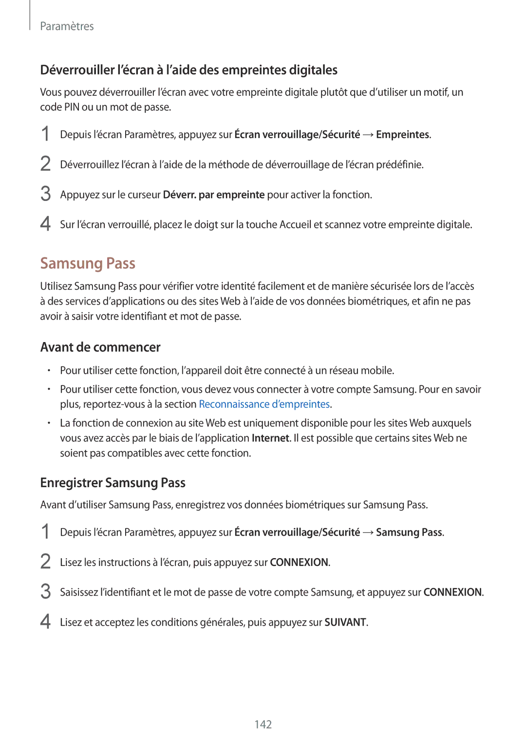 Samsung SM-G920FZBAXEF manual Déverrouiller l’écran à l’aide des empreintes digitales, Enregistrer Samsung Pass 