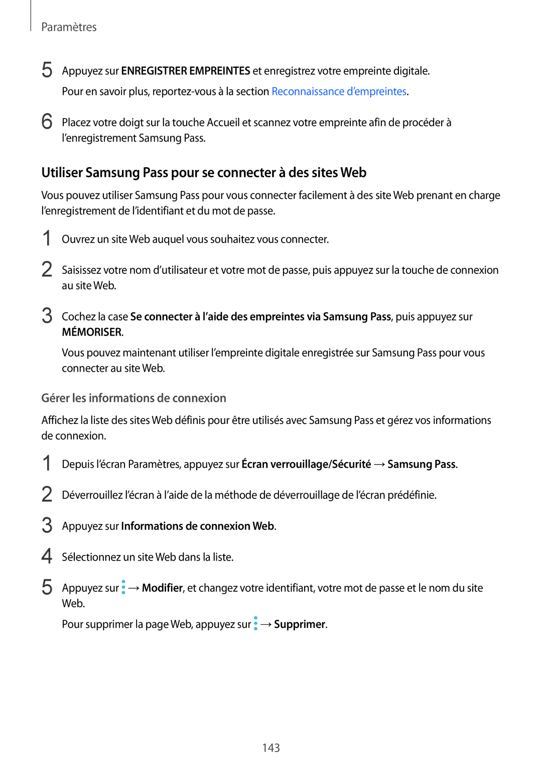 Samsung SM-G920FZDAXEF manual Utiliser Samsung Pass pour se connecter à des sites Web, Gérer les informations de connexion 