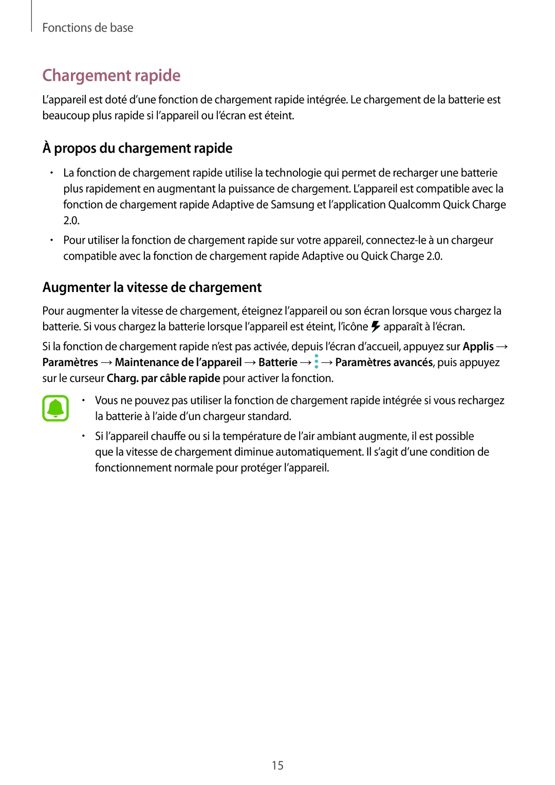 Samsung SM-G920FZDAXEF, SM-G920FZWAXEF Chargement rapide, Propos du chargement rapide, Augmenter la vitesse de chargement 