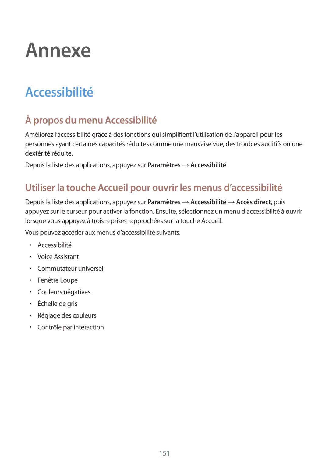 Samsung SM-G920FZDAXEF, SM-G920FZWAXEF, SM-G920FZKAXEF, SM-G920FZBAXEF manual Annexe, Propos du menu Accessibilité 