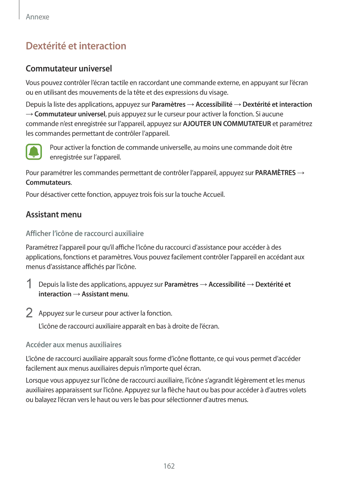 Samsung SM-G920FZBAXEF Dextérité et interaction, Commutateur universel, Assistant menu, Accéder aux menus auxiliaires 