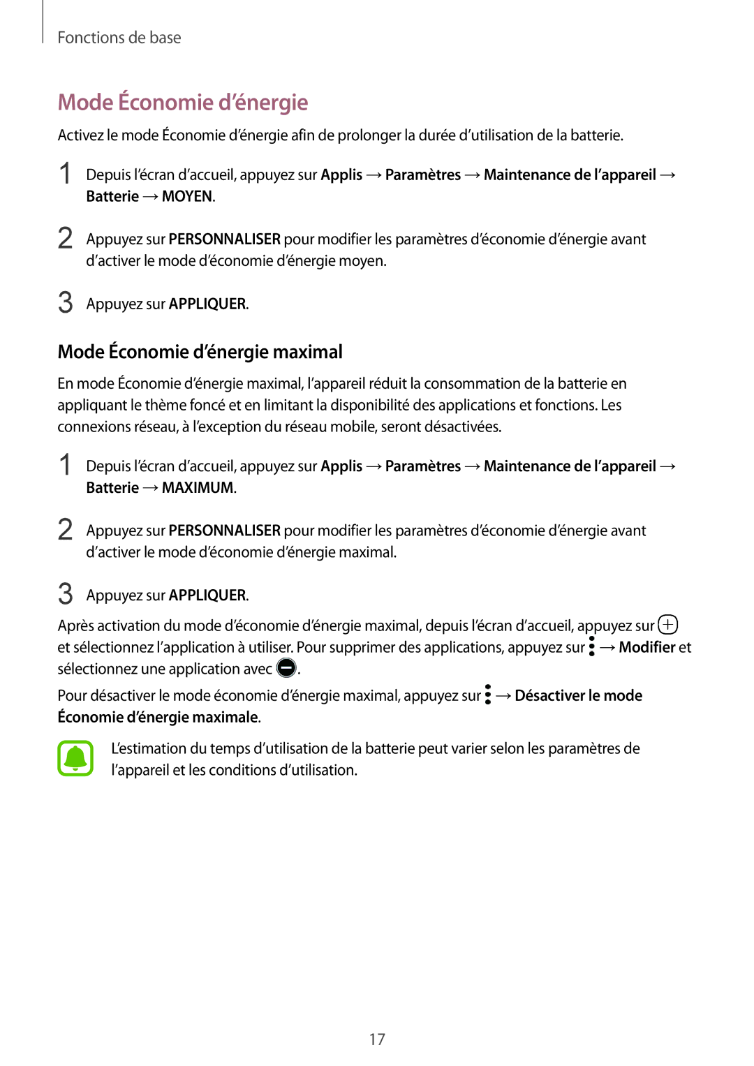 Samsung SM-G920FZKAXEF, SM-G920FZWAXEF manual Mode Économie d’énergie maximal, Batterie →MOYEN, Batterie →MAXIMUM 