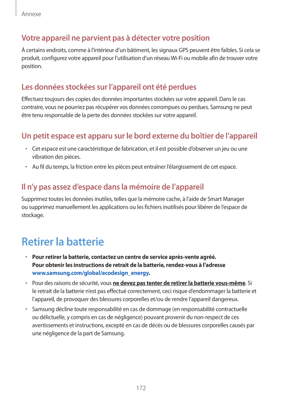 Samsung SM-G920FZWAXEF, SM-G920FZKAXEF manual Retirer la batterie, Votre appareil ne parvient pas à détecter votre position 