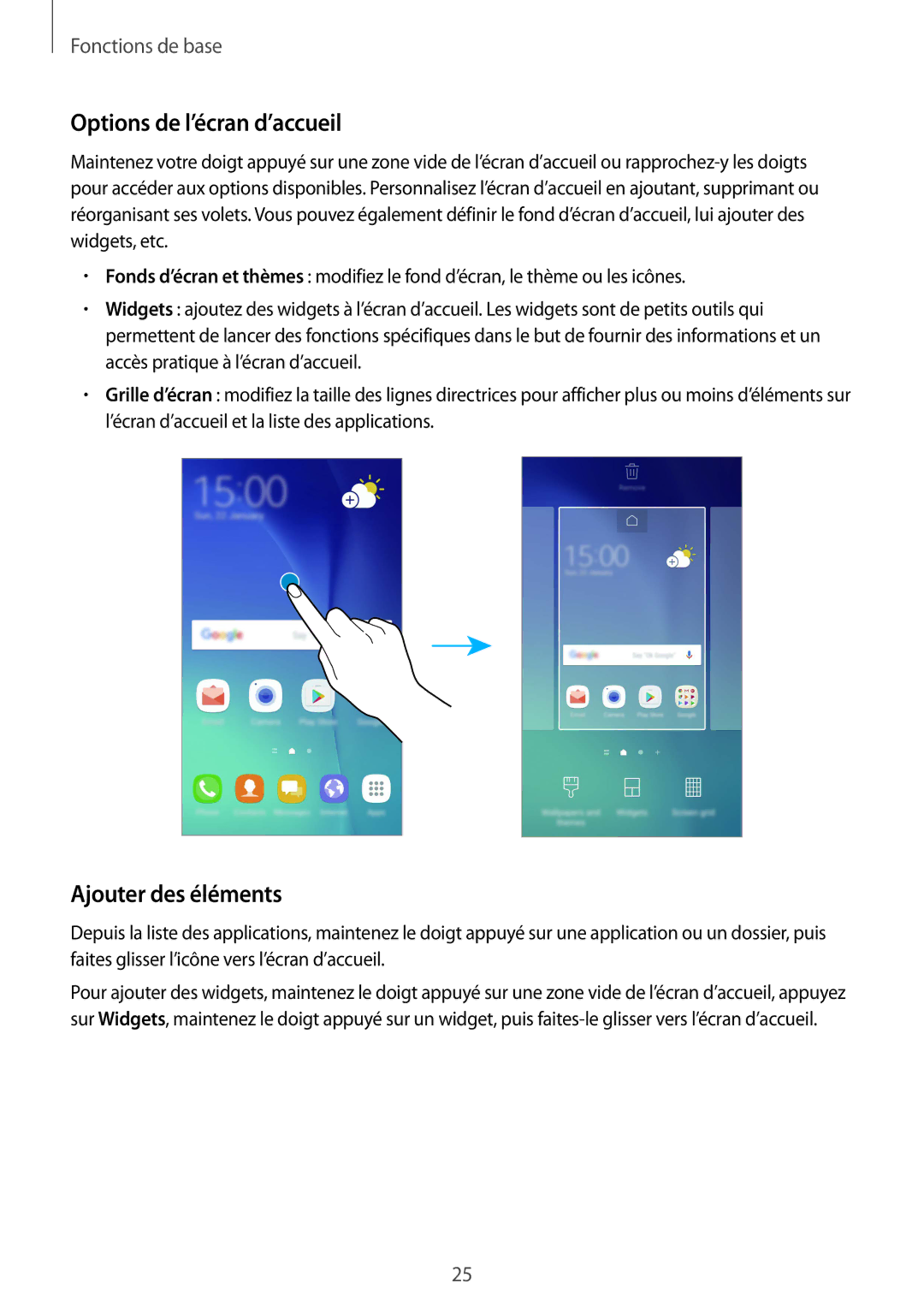 Samsung SM-G920FZKAXEF, SM-G920FZWAXEF, SM-G920FZBAXEF, SM-G920FZDAXEF Options de l’écran d’accueil, Ajouter des éléments 