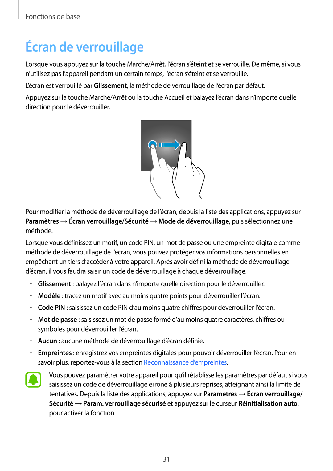 Samsung SM-G920FZDAXEF, SM-G920FZWAXEF, SM-G920FZKAXEF, SM-G920FZBAXEF manual Écran de verrouillage 