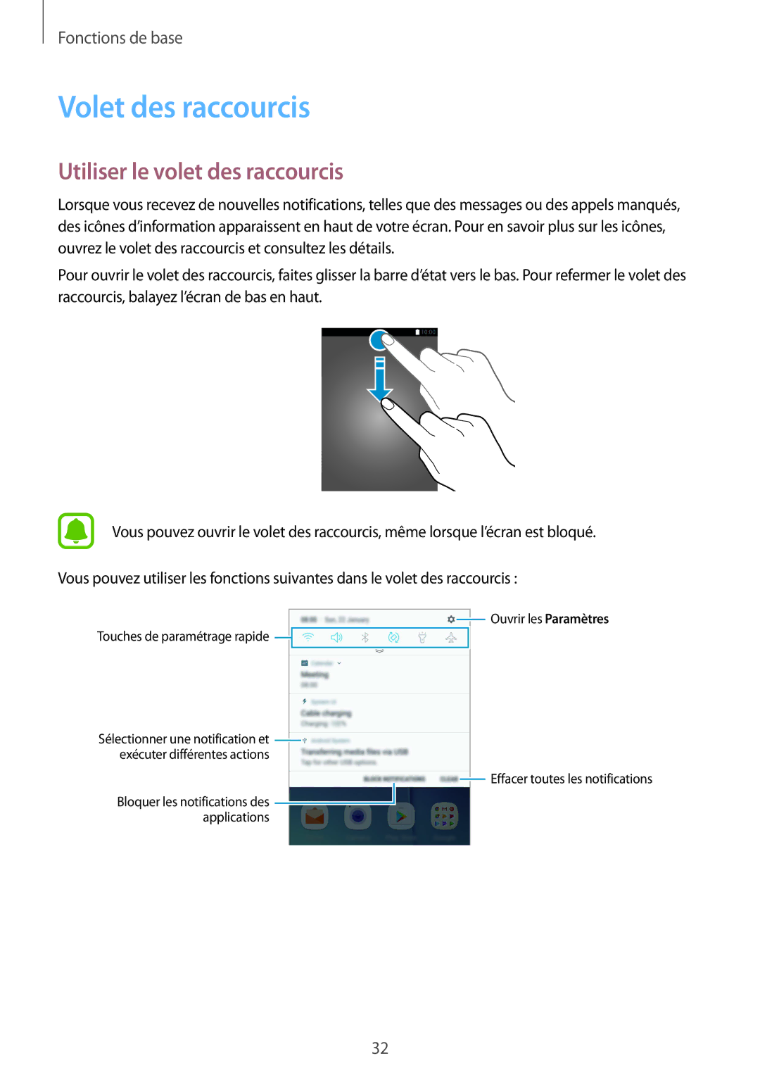 Samsung SM-G920FZWAXEF, SM-G920FZKAXEF, SM-G920FZBAXEF manual Volet des raccourcis, Utiliser le volet des raccourcis 