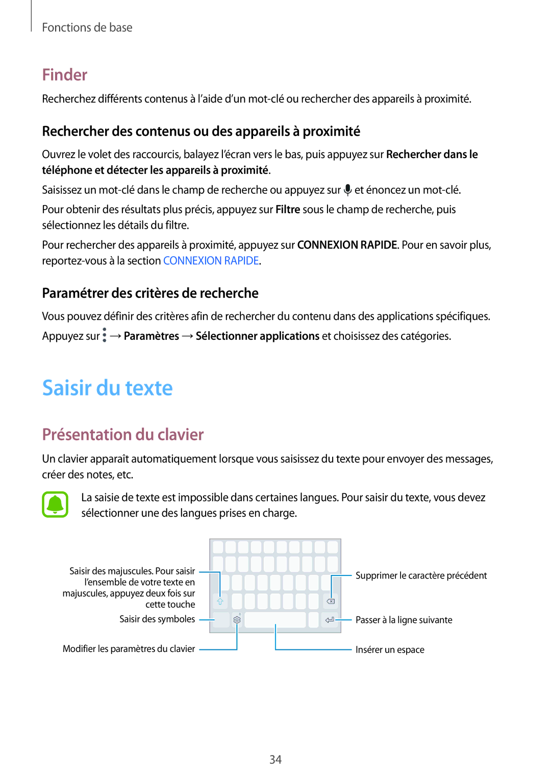 Samsung SM-G920FZBAXEF manual Saisir du texte, Finder, Présentation du clavier, Paramétrer des critères de recherche 