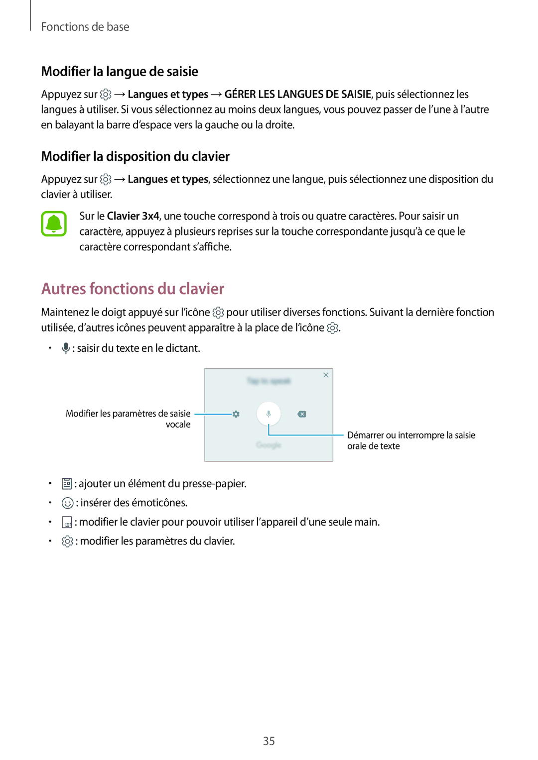 Samsung SM-G920FZDAXEF manual Autres fonctions du clavier, Modifier la langue de saisie, Modifier la disposition du clavier 