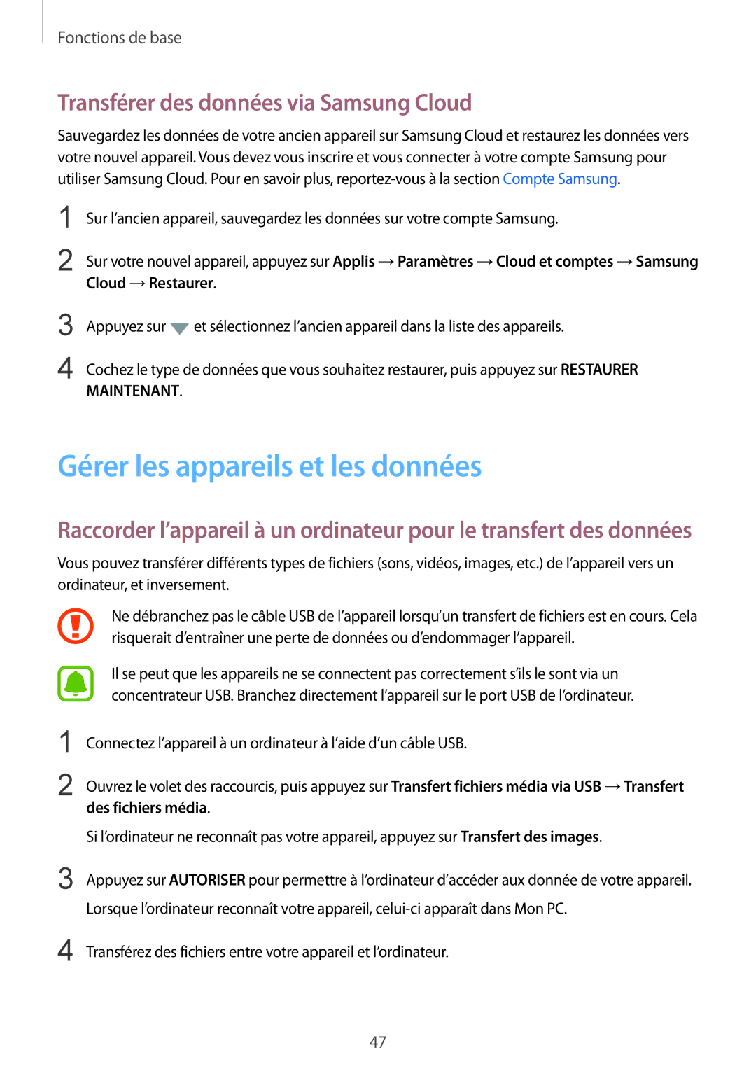 Samsung SM-G920FZDAXEF Gérer les appareils et les données, Transférer des données via Samsung Cloud, Des fichiers média 