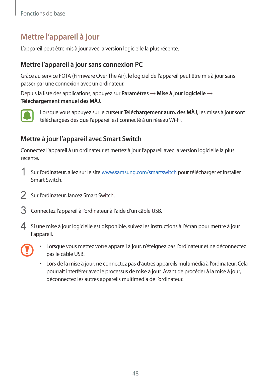 Samsung SM-G920FZWAXEF manual Mettre l’appareil à jour sans connexion PC, Mettre à jour l’appareil avec Smart Switch 