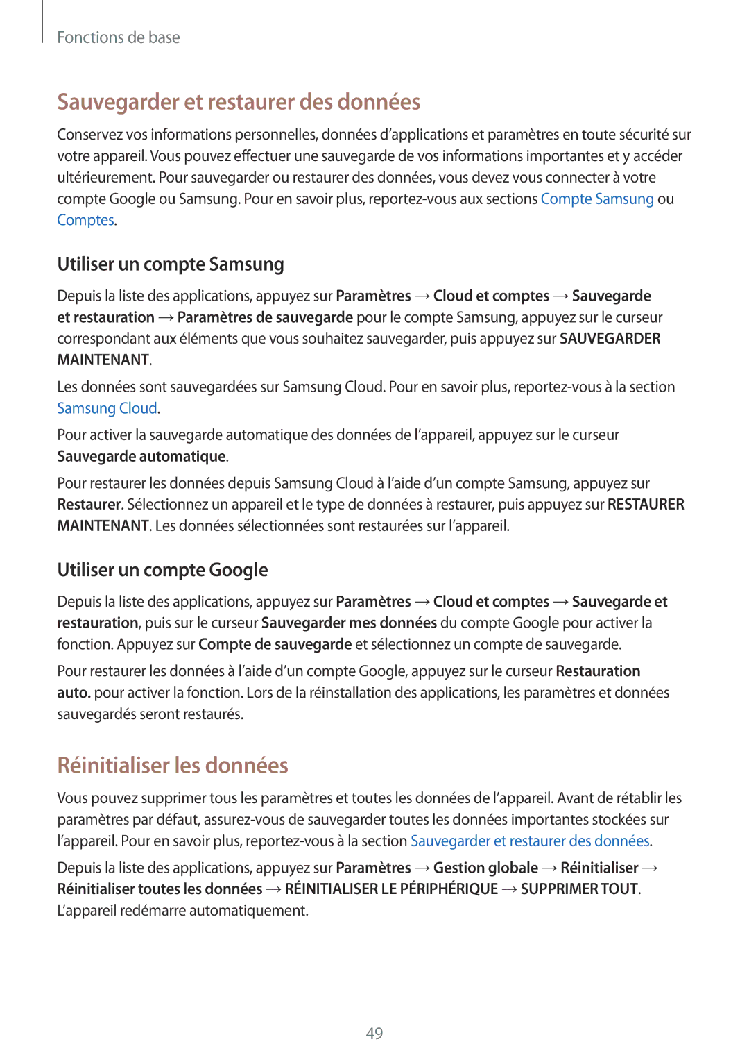 Samsung SM-G920FZKAXEF manual Sauvegarder et restaurer des données, Réinitialiser les données, Utiliser un compte Samsung 