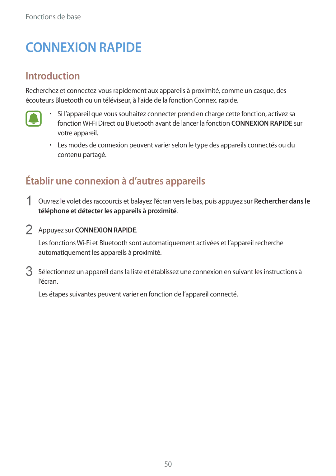 Samsung SM-G920FZBAXEF, SM-G920FZWAXEF, SM-G920FZKAXEF manual Connexion Rapide, Établir une connexion à d’autres appareils 