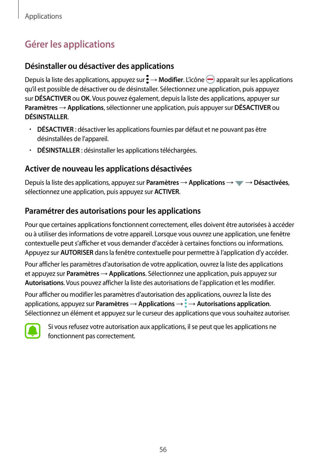 Samsung SM-G920FZWAXEF, SM-G920FZKAXEF, SM-G920FZBAXEF Gérer les applications, Désinstaller ou désactiver des applications 