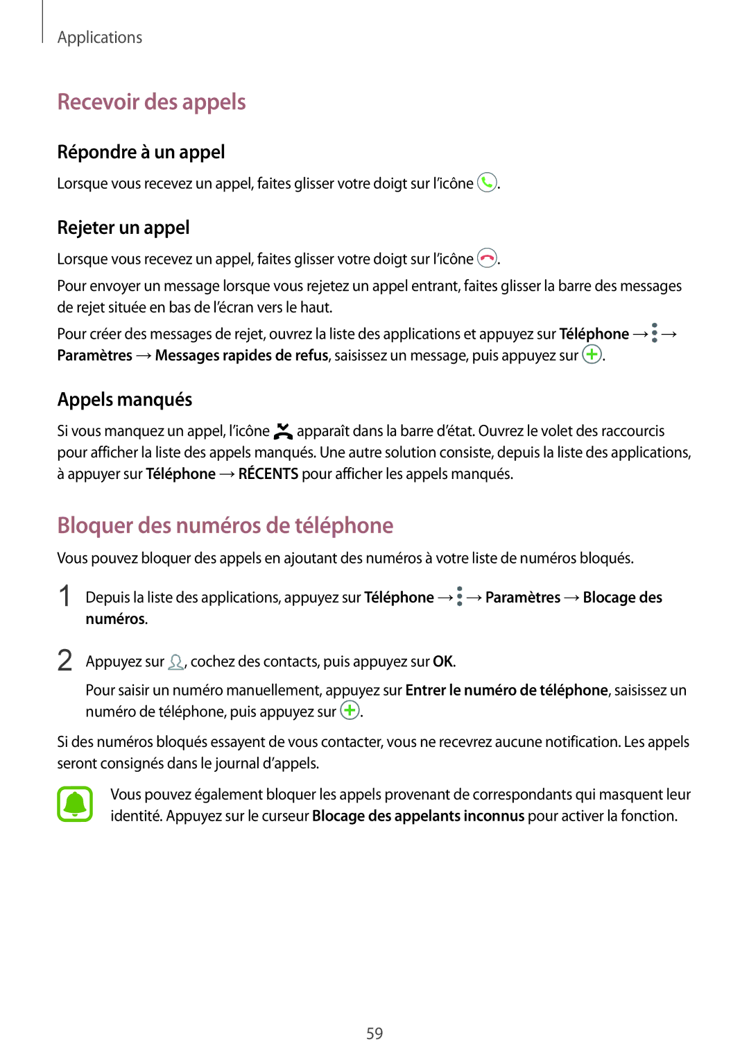 Samsung SM-G920FZDAXEF manual Recevoir des appels, Bloquer des numéros de téléphone, Répondre à un appel, Rejeter un appel 