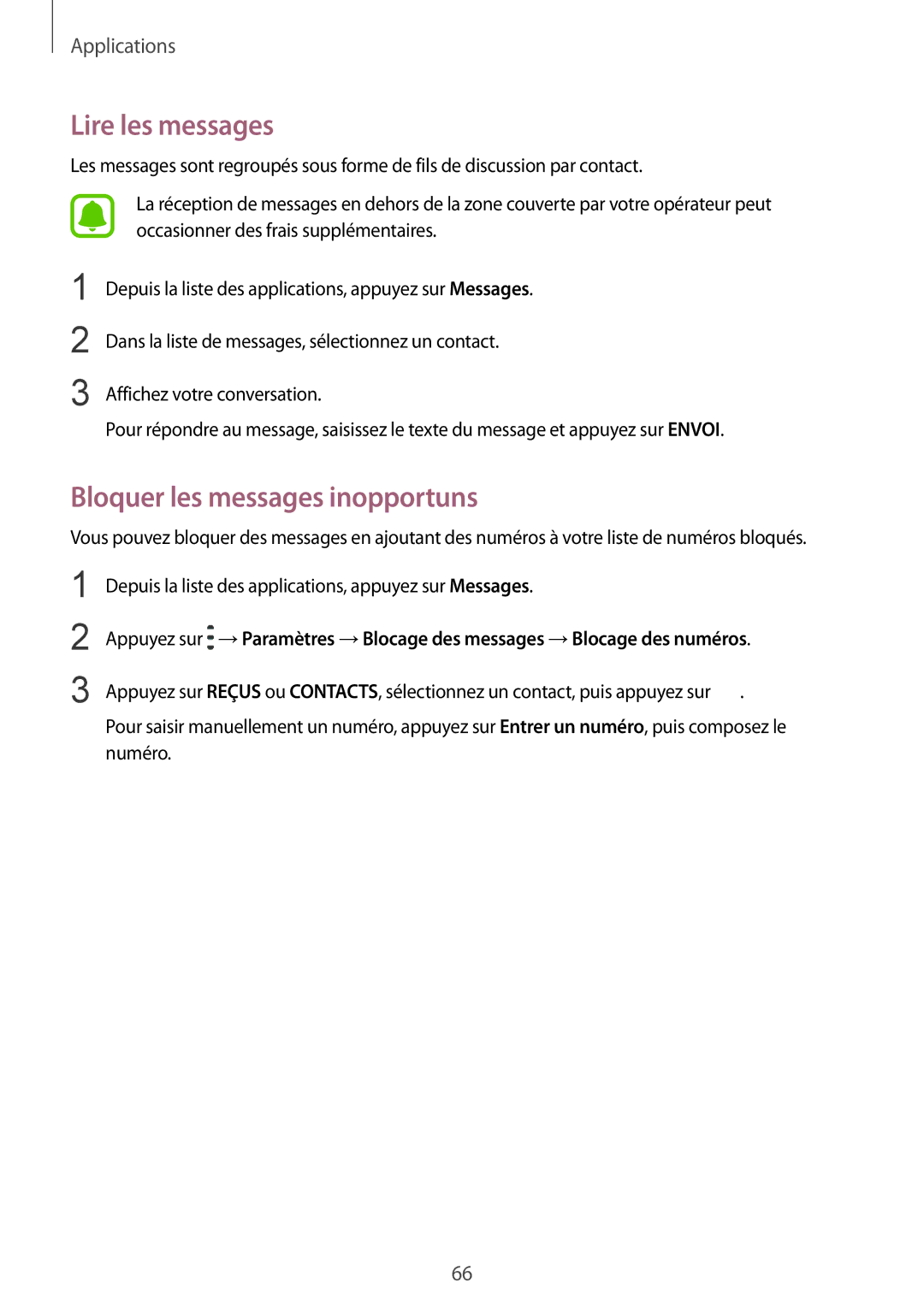 Samsung SM-G920FZBAXEF, SM-G920FZWAXEF, SM-G920FZKAXEF, SM-G920FZDAXEF Lire les messages, Bloquer les messages inopportuns 