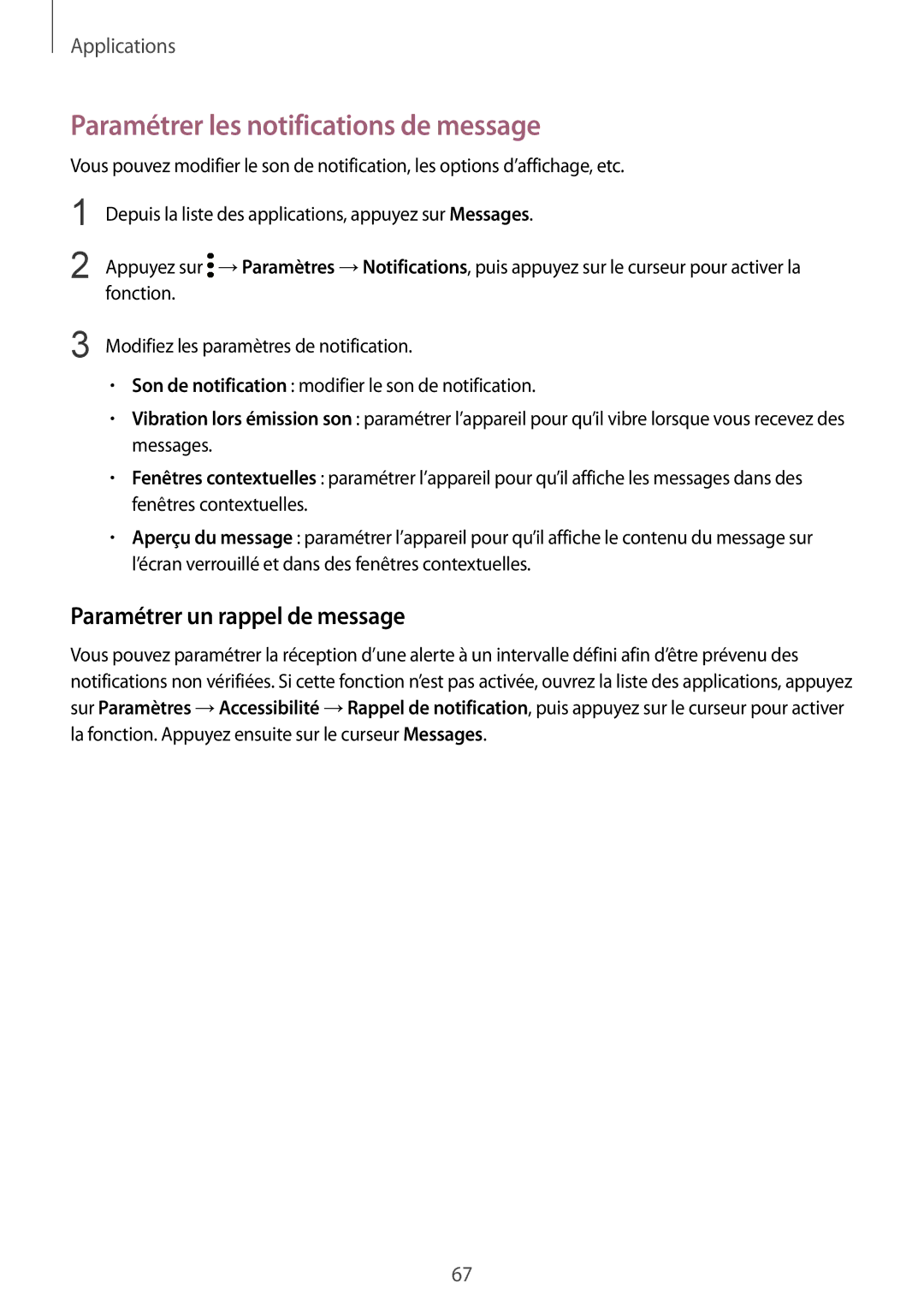 Samsung SM-G920FZDAXEF, SM-G920FZWAXEF manual Paramétrer les notifications de message, Paramétrer un rappel de message 