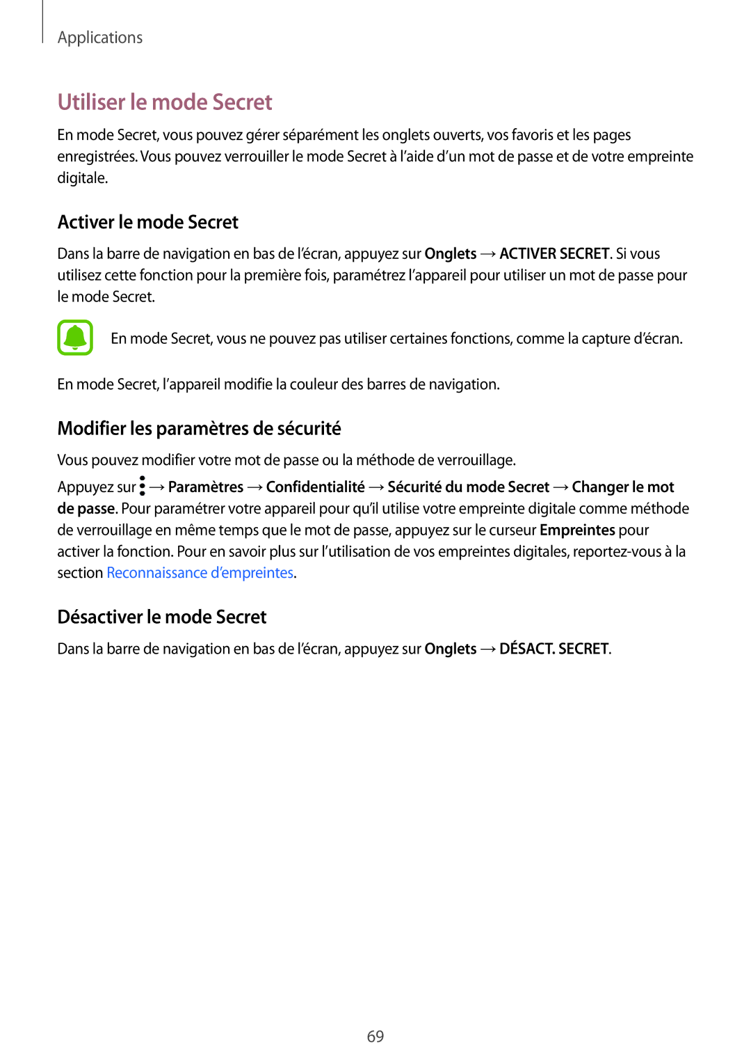 Samsung SM-G920FZKAXEF manual Utiliser le mode Secret, Activer le mode Secret, Modifier les paramètres de sécurité 