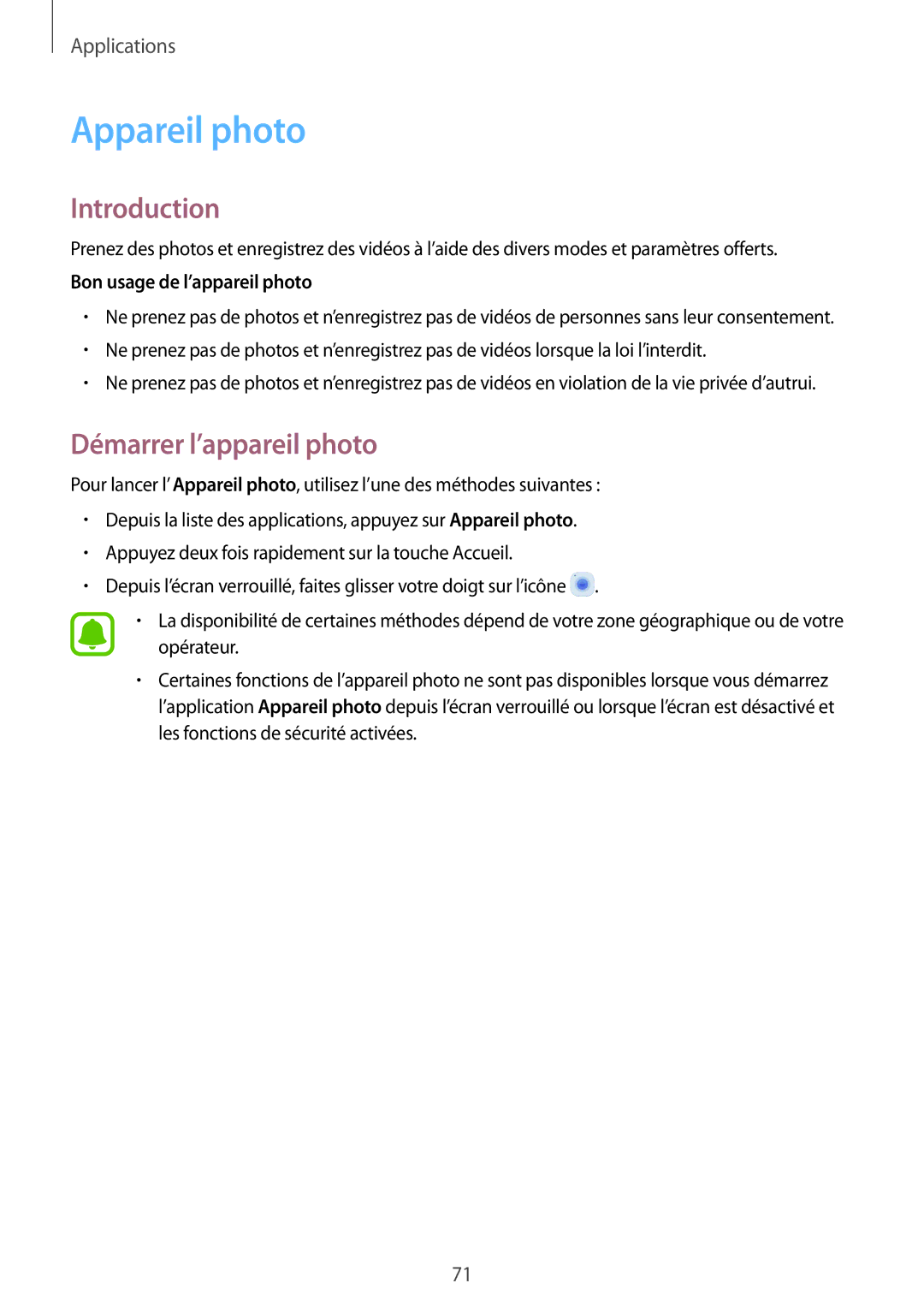 Samsung SM-G920FZDAXEF, SM-G920FZWAXEF manual Appareil photo, Démarrer l’appareil photo, Bon usage de l’appareil photo 