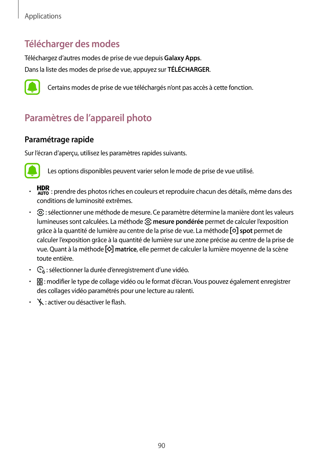 Samsung SM-G920FZBAXEF, SM-G920FZWAXEF manual Télécharger des modes, Paramètres de l’appareil photo, Paramétrage rapide 