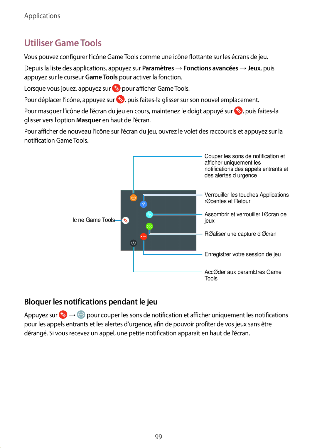 Samsung SM-G920FZDAXEF, SM-G920FZWAXEF, SM-G920FZKAXEF manual Utiliser Game Tools, Bloquer les notifications pendant le jeu 