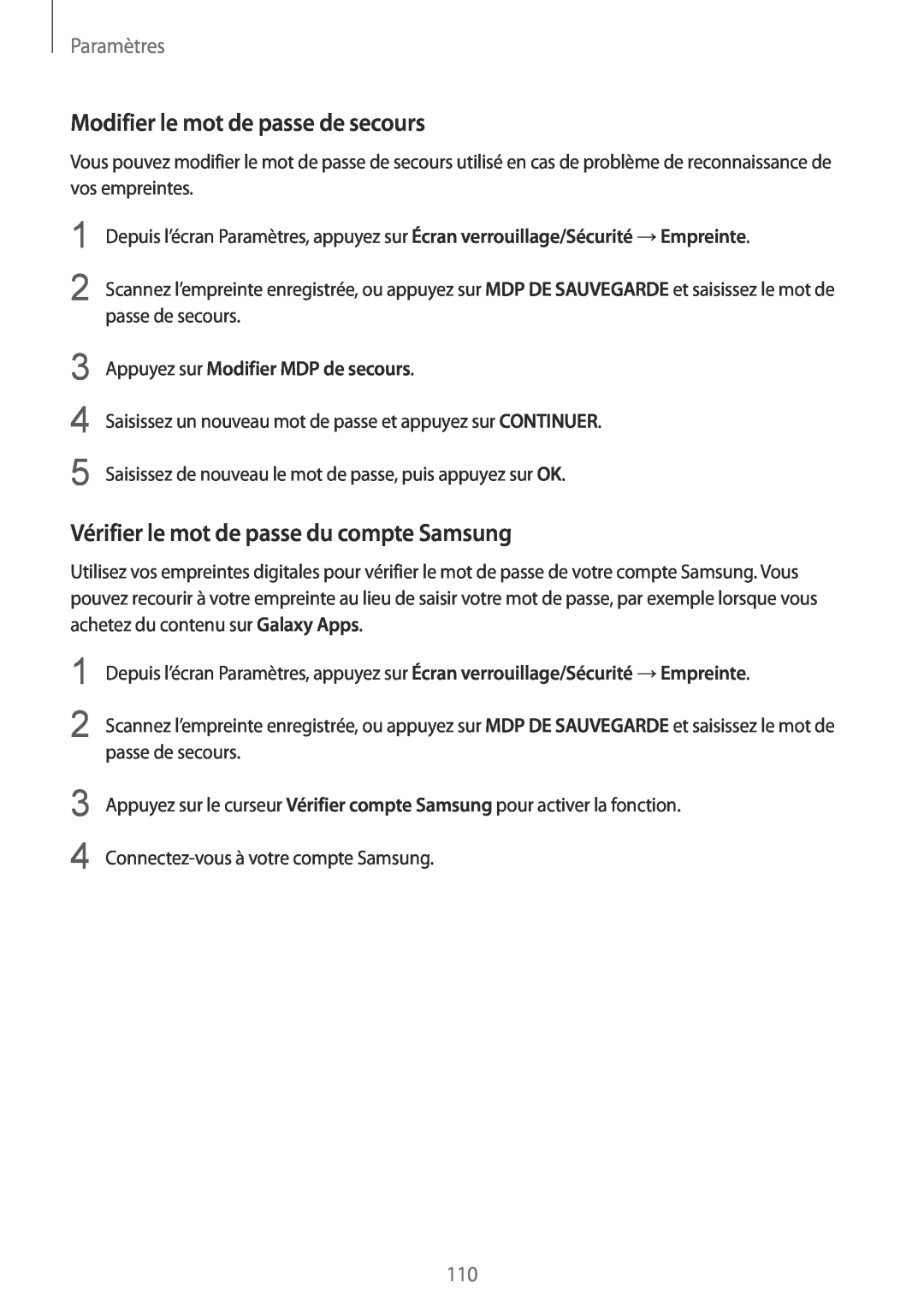 Samsung SM-G920FZBAXEF manual Modifier le mot de passe de secours, Vérifier le mot de passe du compte Samsung, Paramètres 