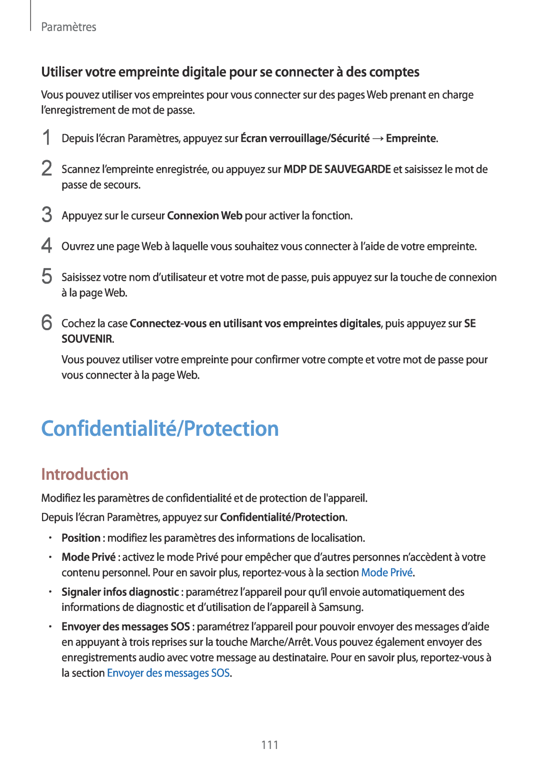 Samsung SM-G920FZDAXEF manual Confidentialité/Protection, Utiliser votre empreinte digitale pour se connecter à des comptes 
