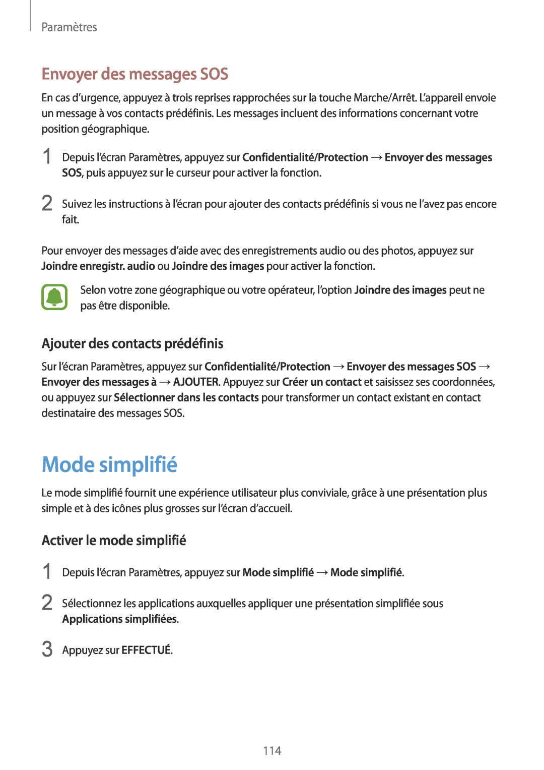 Samsung SM-G920FZBAXEF Mode simplifié, Envoyer des messages SOS, Ajouter des contacts prédéfinis, Applications simplifiées 